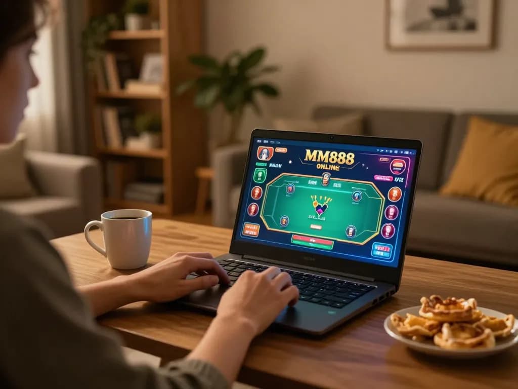 Person enjoying casino MM88 online gaming session at home with vibrant screens and cozy decor.