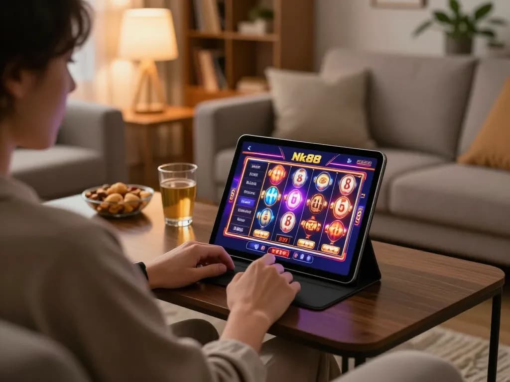 Navigating the Nk88 online casino on a tablet in a cozy home setting with snacks and warm lighting