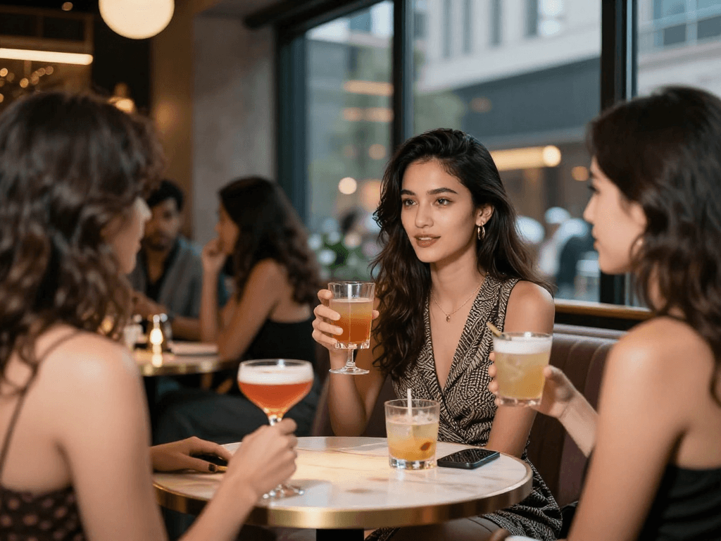 Gái gọi thư giãn trong quán bar sang trọng với bạn bè vào buổi tối.