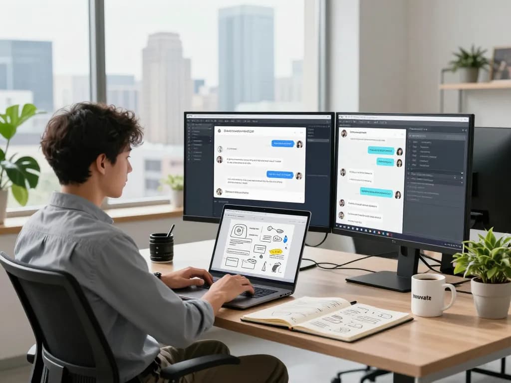 Developer utilizing juicy ai in a modern workspace with multiple screens displaying AI chat interactions.