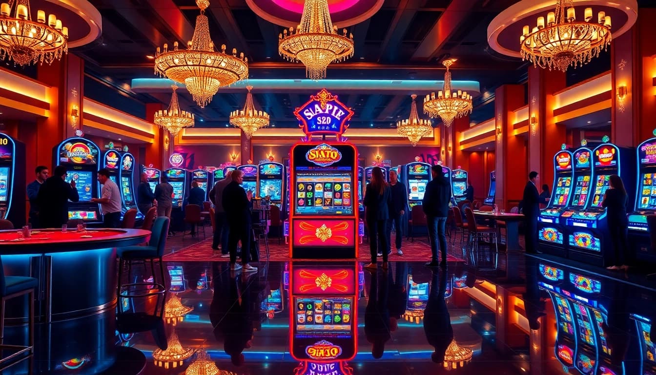Excited players engaging with the vibrant slot88 machines in a luxurious casino environment.