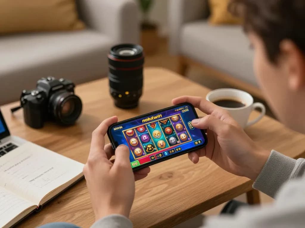Player enjoying slot nekatwin on smartphone in cozy home setup with strategic notes