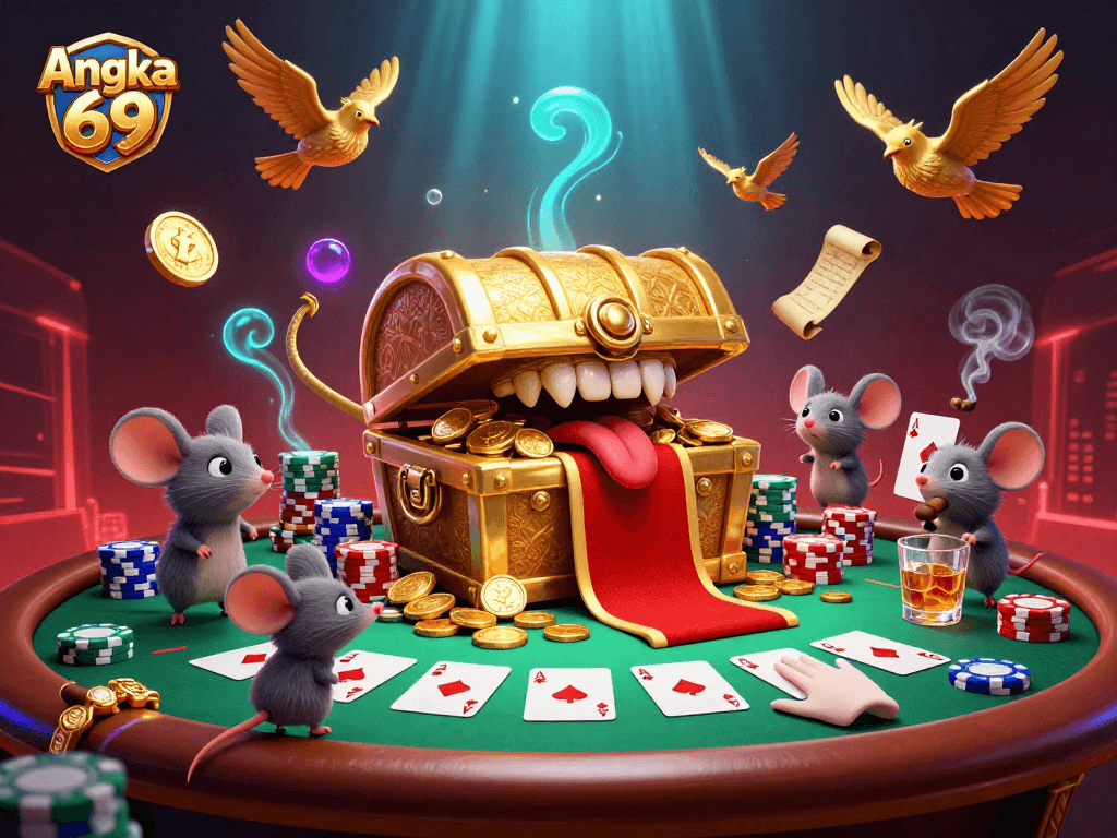 Spin and win at Angka 69, featuring a vibrant casino scene with adventurer mice, poker elements, and dynamic gameplay.