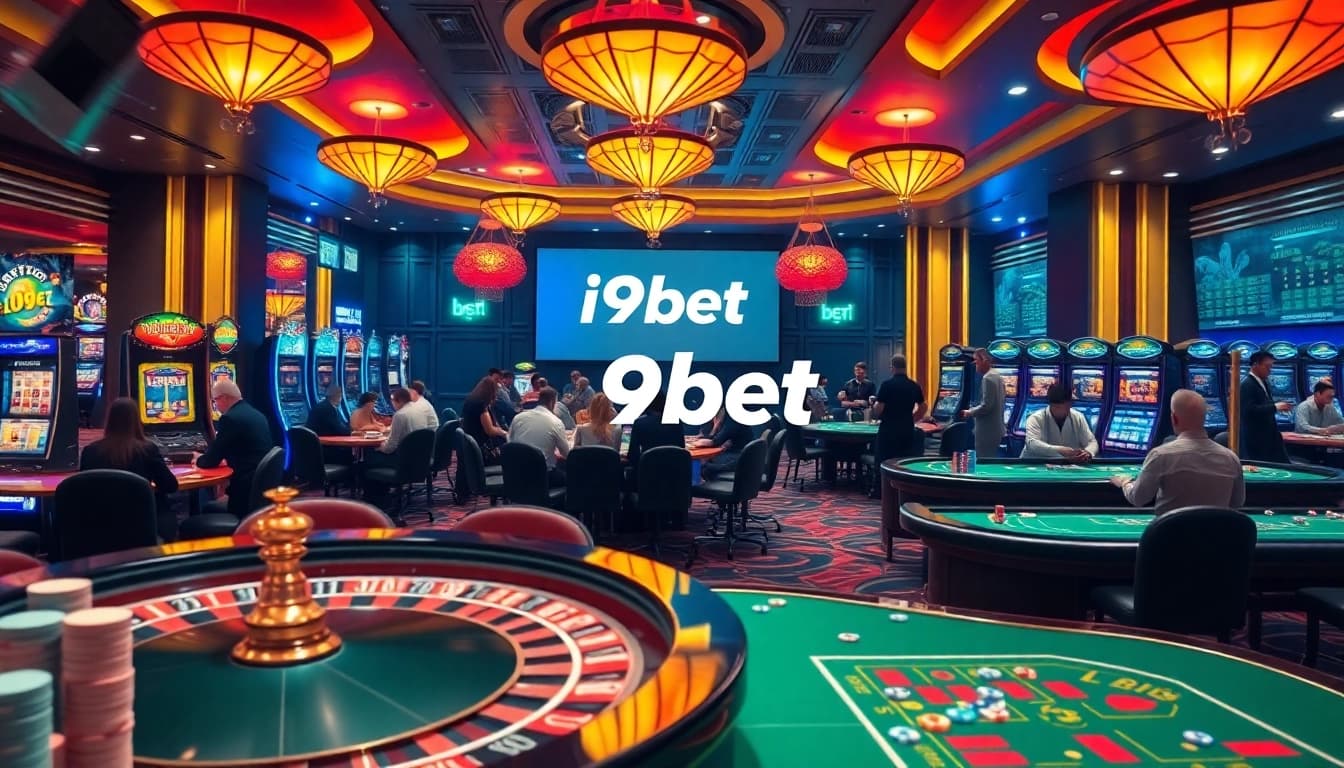 I9bet casino gaming scene featuring poker tables, slot machines, and roulette - vibrant and luxurious