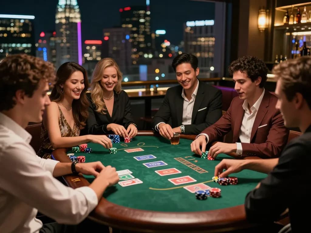 Pemain yang merencanakan strategi selama permainan poker yang meriah di bar mewah, menyoroti kegembiraan bandar togel.
