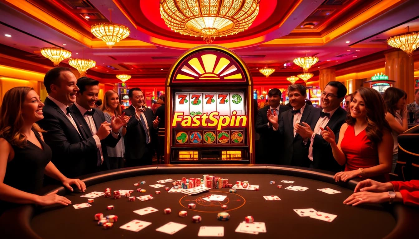 FastSpin ทดลองเล่น slot machine amidst an exhilarating casino atmosphere with players celebrating wins.