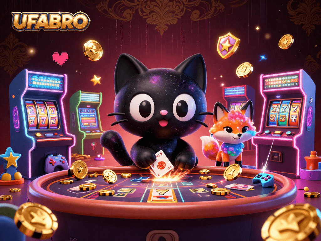 Spin to win with UFABRO in this vibrant cosmic casino filled with slots and colorful characters.