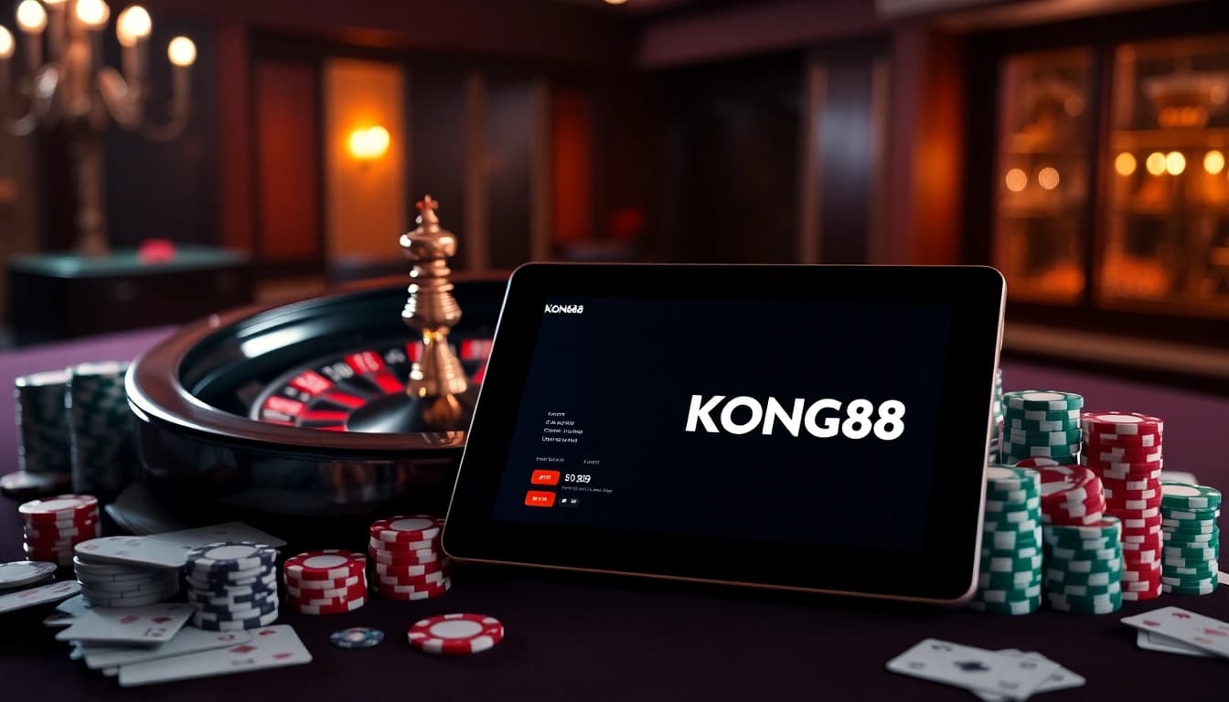 KONG88 branding shines on a tablet within a luxurious casino setting featuring roulette and poker chips.