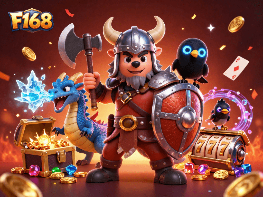 Reveal massive wins at F168 with an epic Viking warrior and fiery dragon in this immersive casino scene.