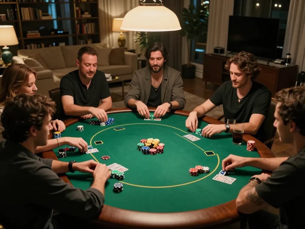 Engaged players at home poker night showcasing Lc88 Vina's thrilling card game atmosphere.