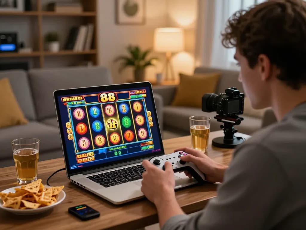 Engaged player enjoying slot 88 on laptop, vibrant online gaming in cozy living room.