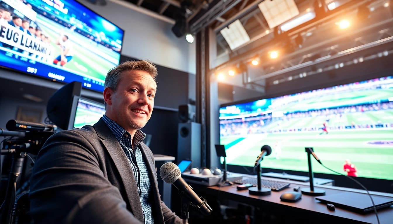 Engaging sports broadcasting scene with a dynamic host and live events displayed on screens.