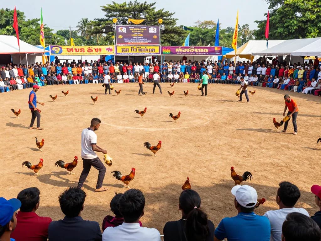 Cá đó đá gà thomo thi đấu trực tiếp với những hành động sôi động, thể hiện những chú gà trống và khán giả hào hứng