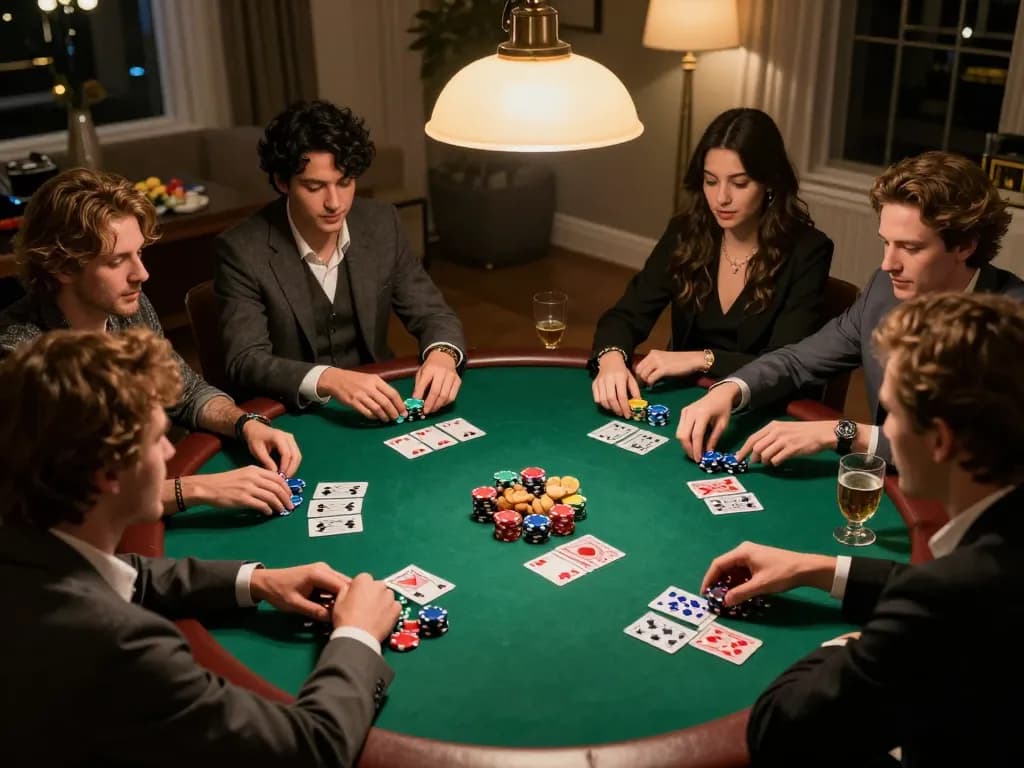 Friends playing poker in a cozy home setting, highlighting strategic interactions at the b52club