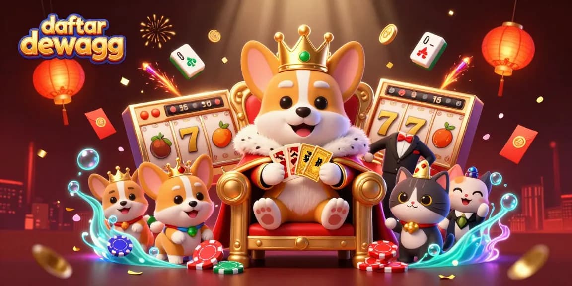 Play exciting games with daftar dewagg at a vibrant online casino featuring a royal corgi throne.