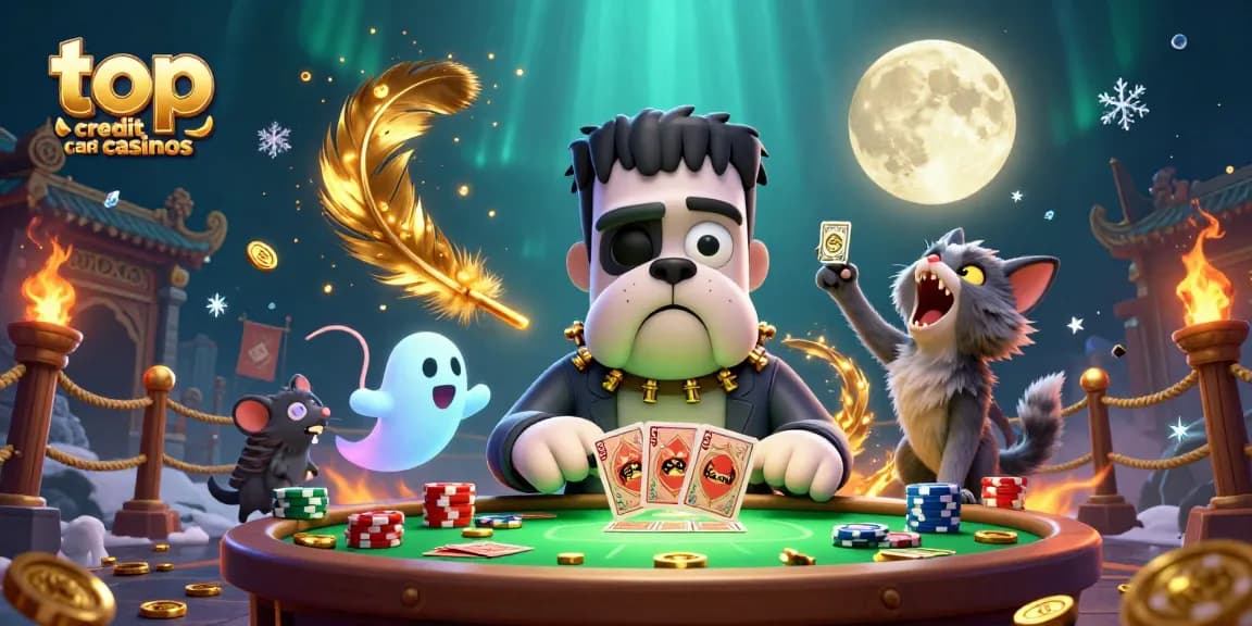 Engaging 3D scene of top credit card casinos with colorful characters, showcasing card dealing at an exciting casino table.