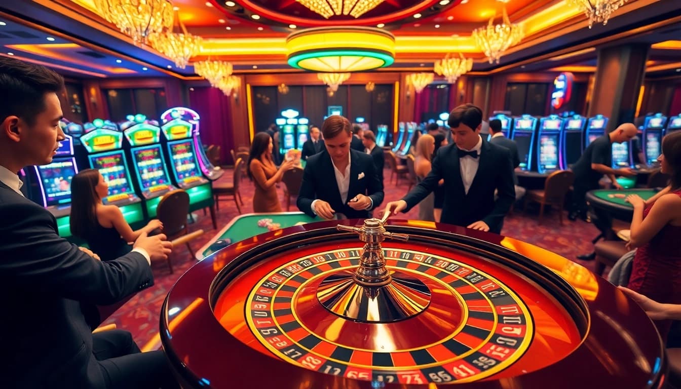 Excited players at the DA88 casino, focused on a roulette table with casino chips and slot machines in action.