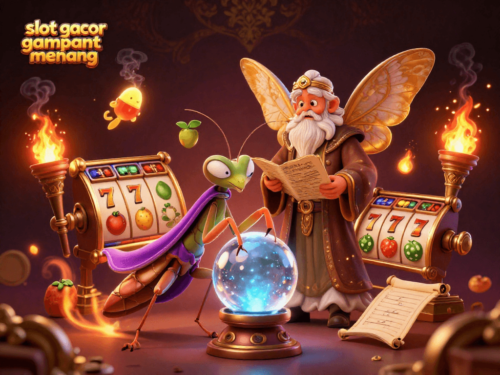 Experience slot gacor gampang menang with vibrant slot reels and fortune teller characters in 3D illustration.