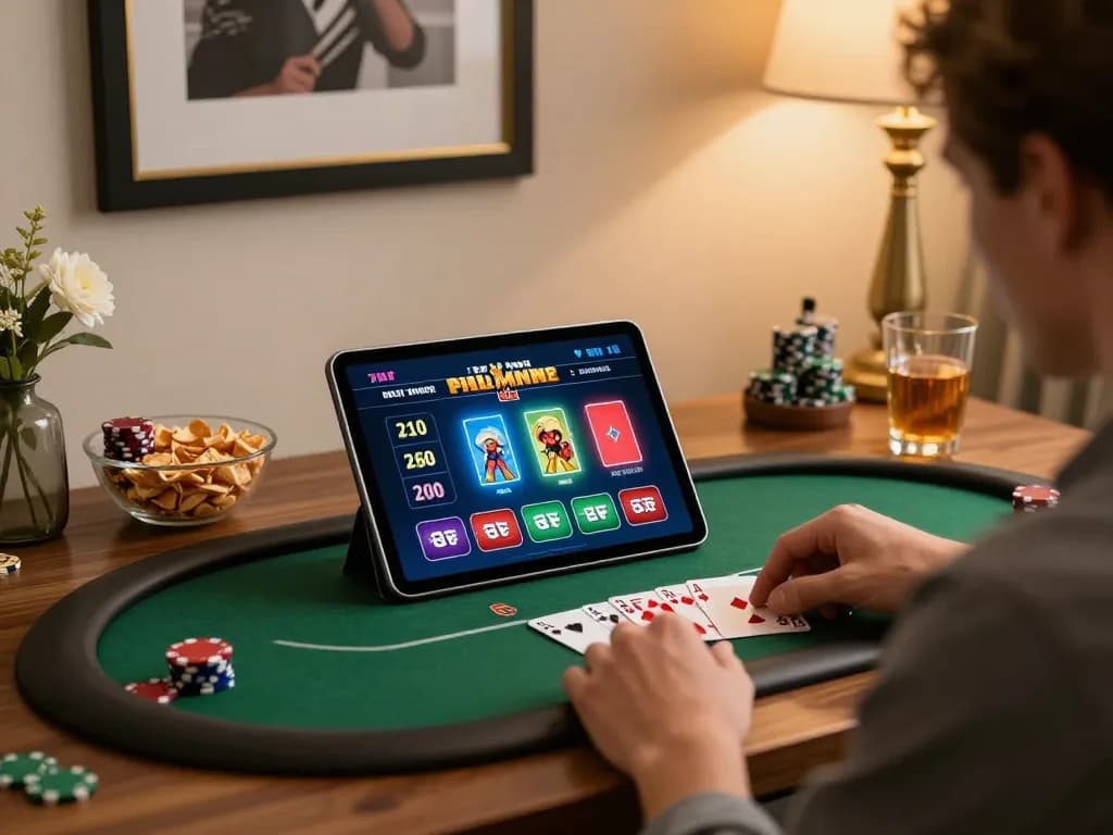 Engaging with nk88 online casino through a tablet in a cozy gaming setup.