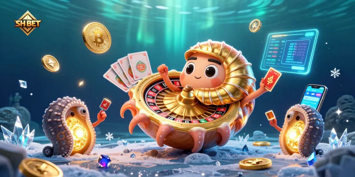 Engage in the exciting SH BET experience with a 3D nautilus roulette wheel and glowing crypto coins.