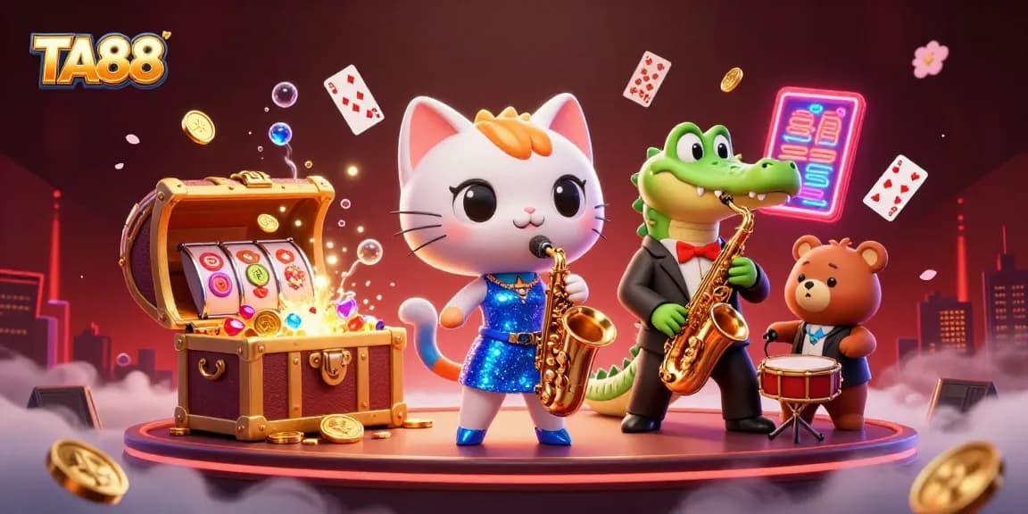 TA88 cat singer belting out tunes surrounded by gold coins and slot reels in a lively casino