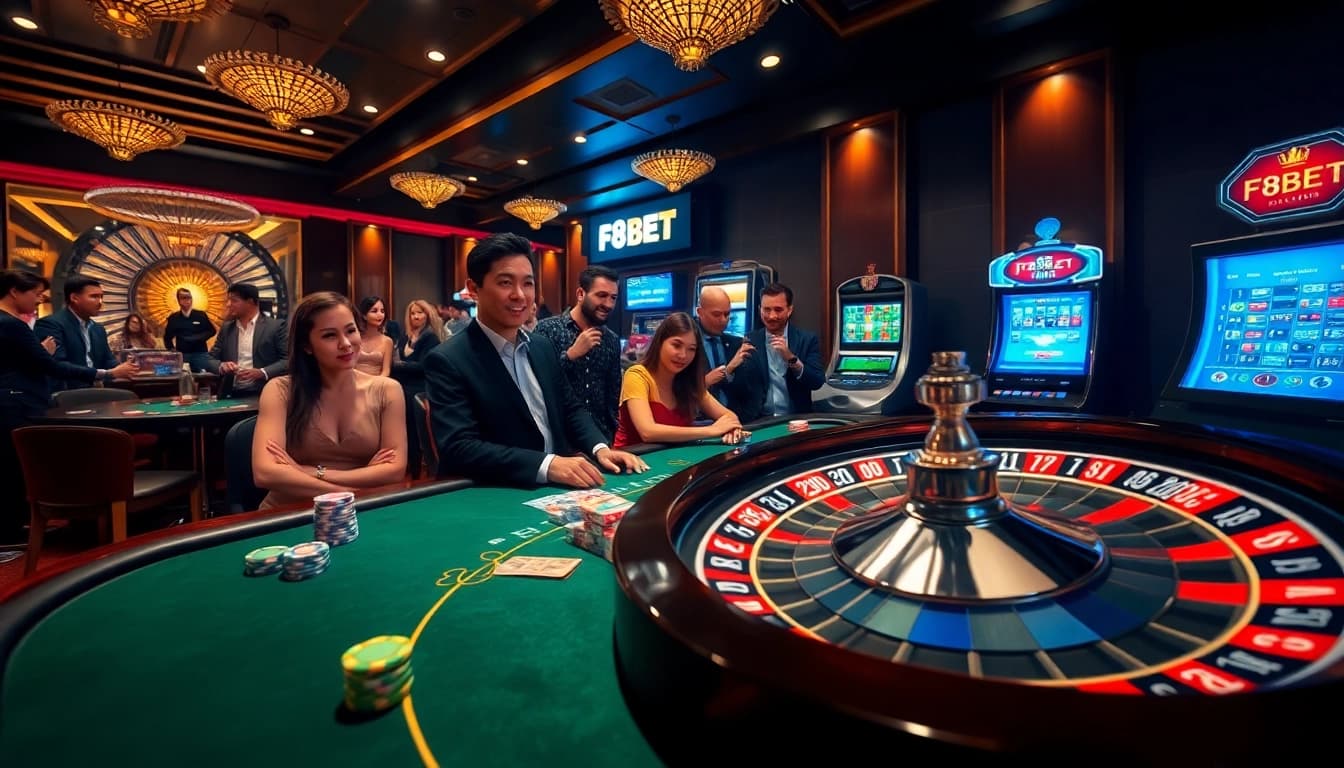 Engaged players at the F8BET poker table, showcasing a thrilling casino atmosphere.