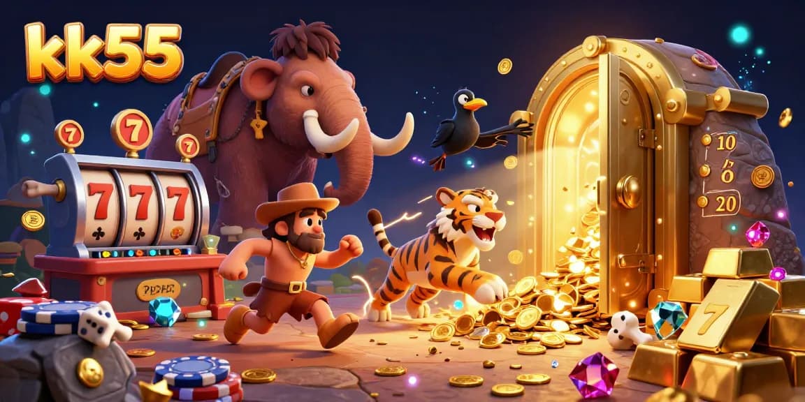 Engage in thrilling gameplay at kk55 with interactive slots and treasures in a vibrant 3D casino scene.