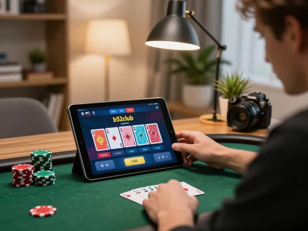 b52club player engaging in a strategic online poker game on a tablet in a cozy home office.