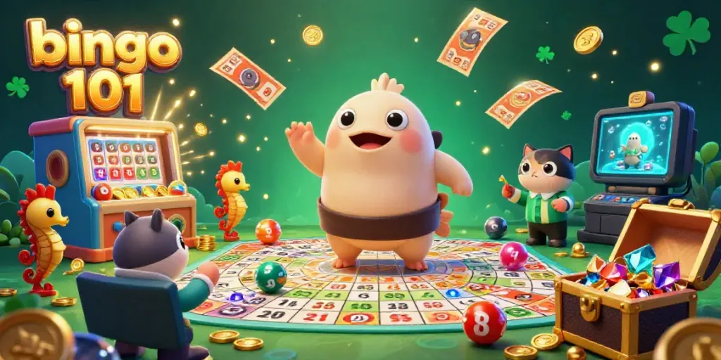 Experience bingo 101 with a vibrant, action-packed underwater bingo scene featuring a cheerful fugu, catfish referee, and lively game elements.