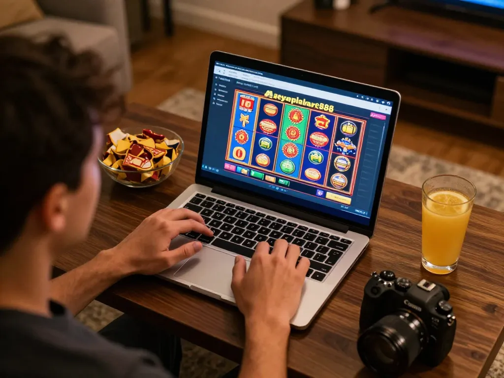 Player enjoying online megaplus88 slot games on a laptop with vibrant graphics and cozy snacks.