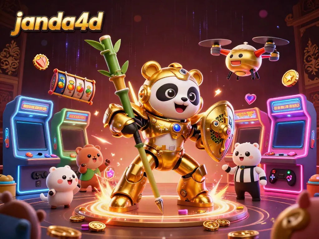 Janda4d menampilkan panda emas bermesin, berbagai elemen permainan slot, dan suasana arena.