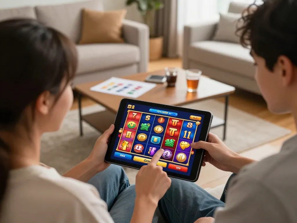 Seorang pemain menikmati permainan slot online di aman788, menampilkan gulungan yang vibran dan grafis yang menarik dalam suasana rumah yang nyaman.