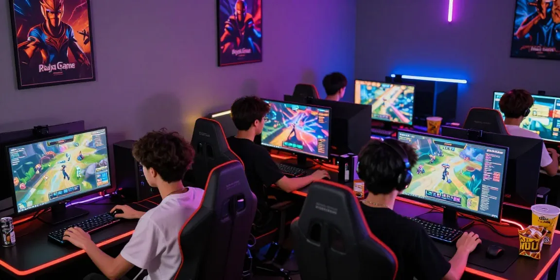 Engaged players in a dynamic Raja Game login scene showcasing vibrant gaming setups and colorful interfaces.