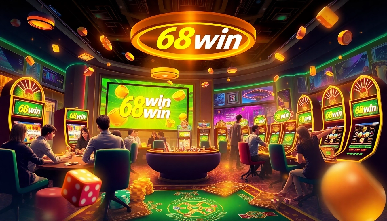 Players enjoying vibrant game action at 68win's online casino site with poker chips and slot machines.