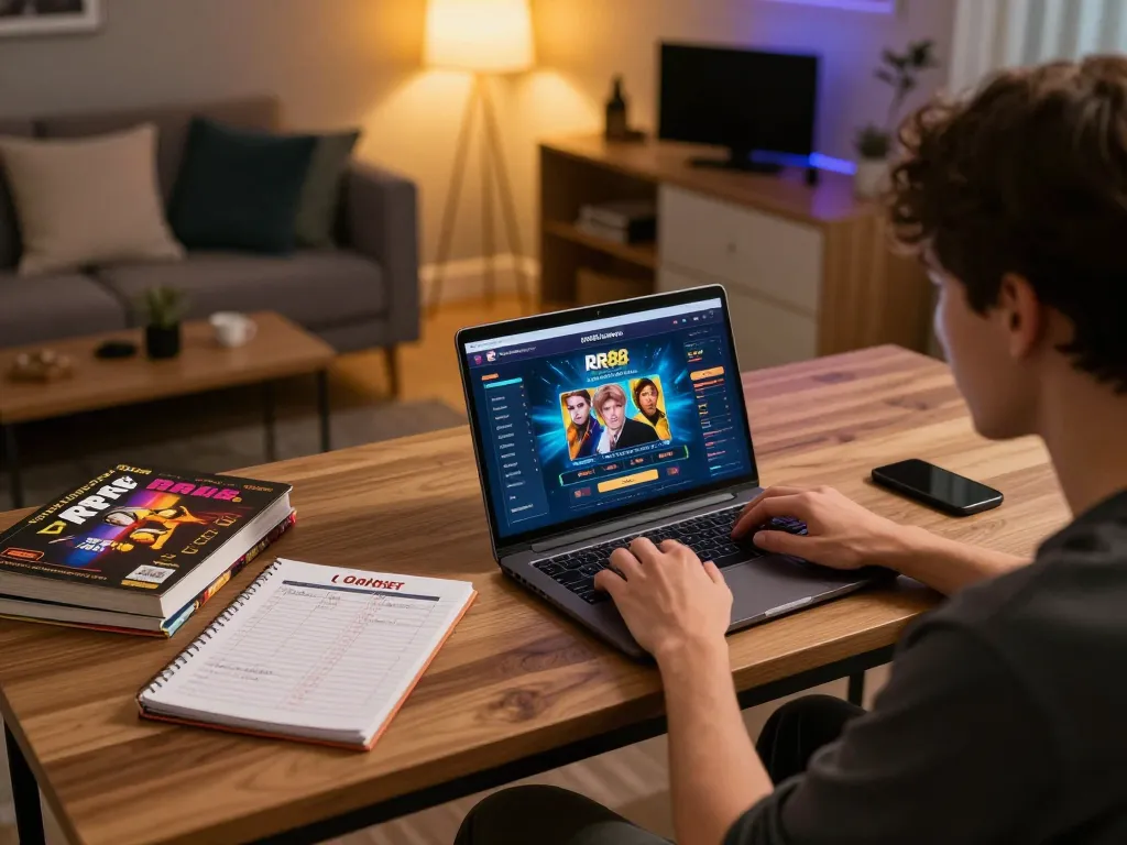 Engaging in online gambling at https://rr888.shopping/, showcasing a laptop betting interface and strategic notes in cozy lighting