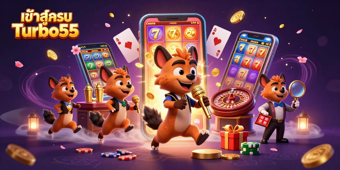 Experience the excitement of เข้าสู่ระบบ Turbo55 with a lively 3D casino scene filled with hyenas, slot games, and more.