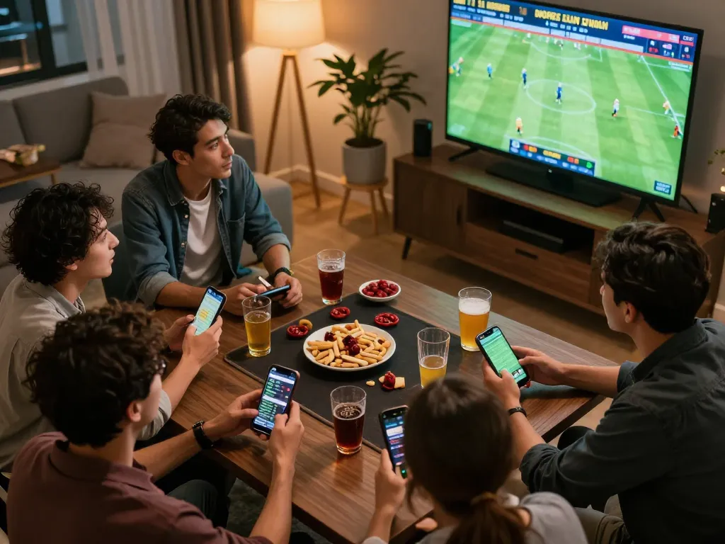 Exciting sports betting session with group analyzing Keo nha cai odds on smartphones while enjoying drinks.