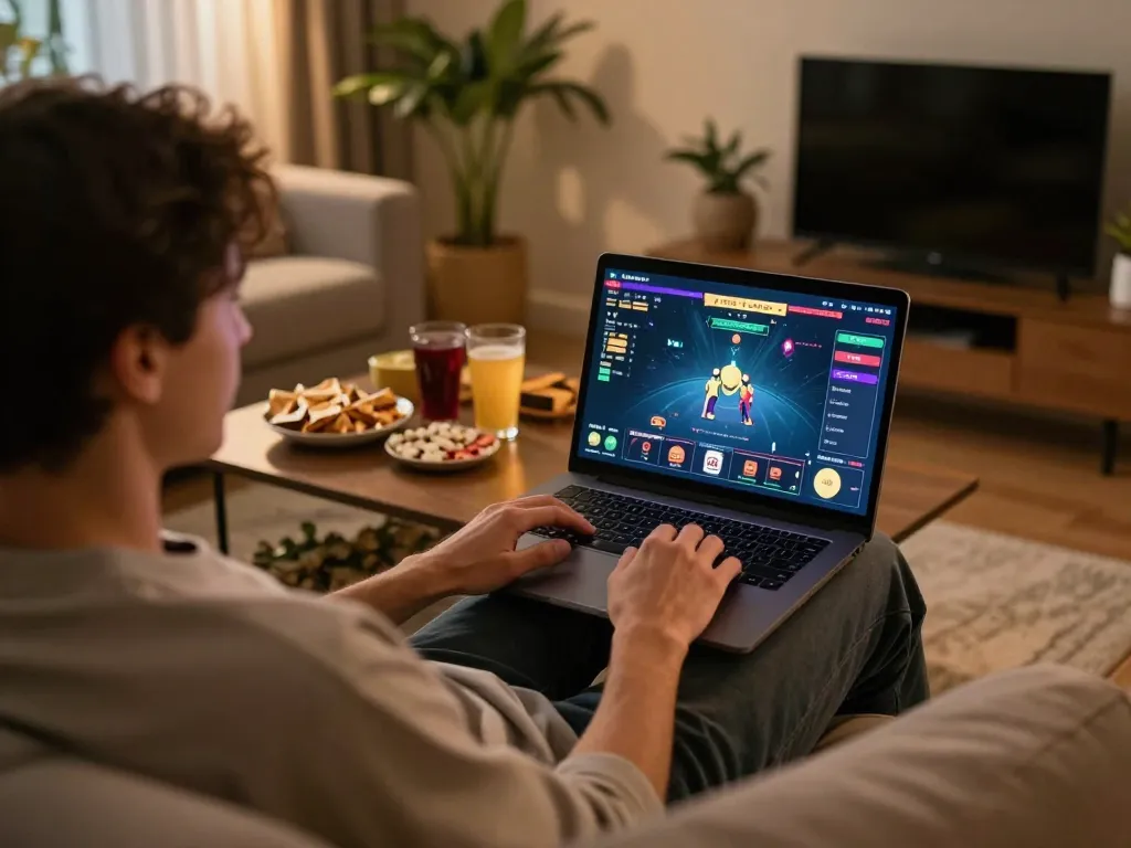 Enjoying online gaming at home with 789win on laptop, snacks, and drinks nearby in relaxed atmosphere