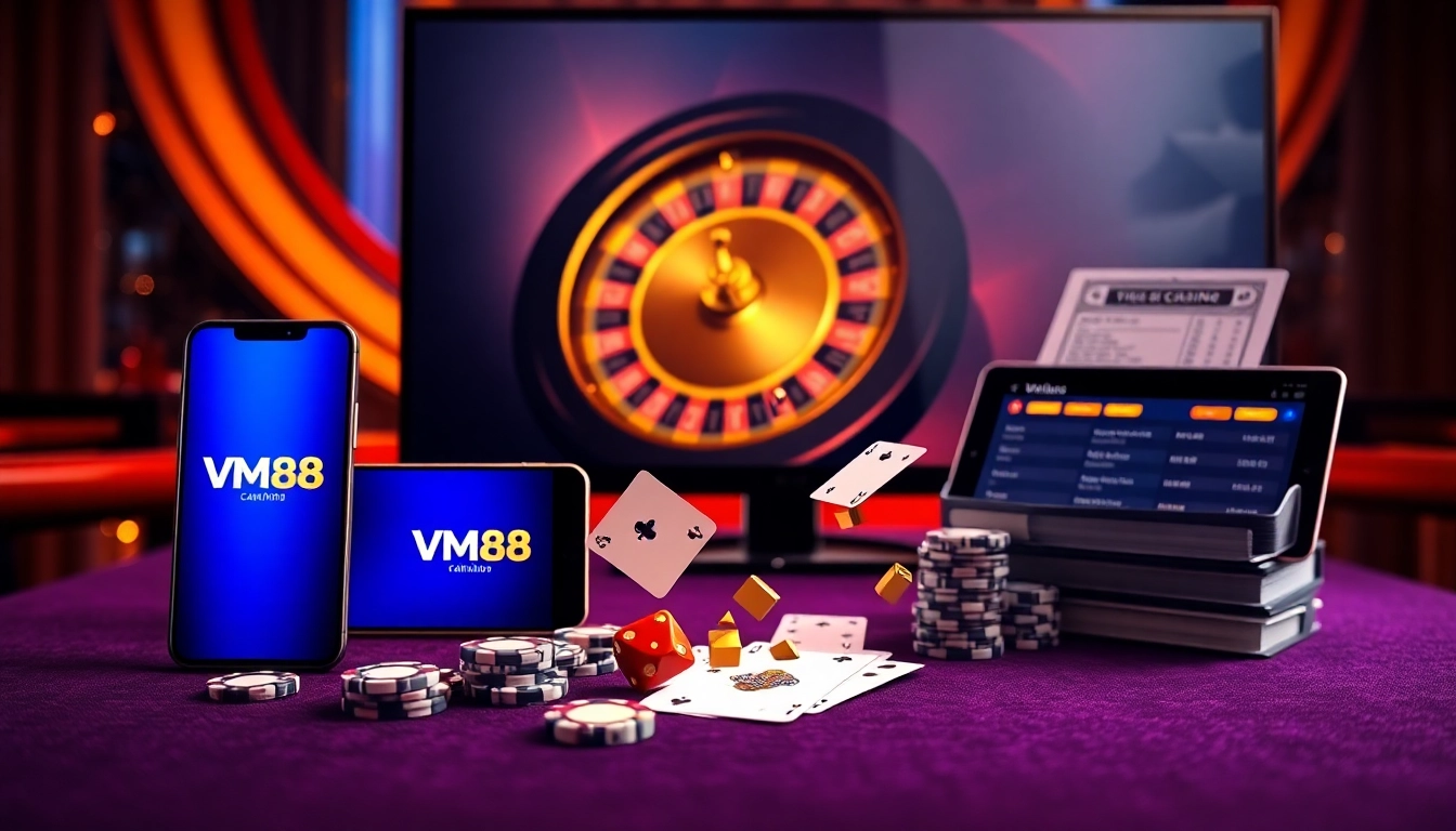 Players strategically placing bets on VM88’s competitive odds platform with poker chips, cards, and roulette wheel