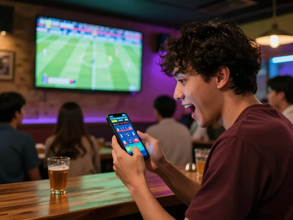 Engaged bettor analyzing kèo nhà cái on smartphone while enjoying live soccer match, illustrating the excitement of sports betting.