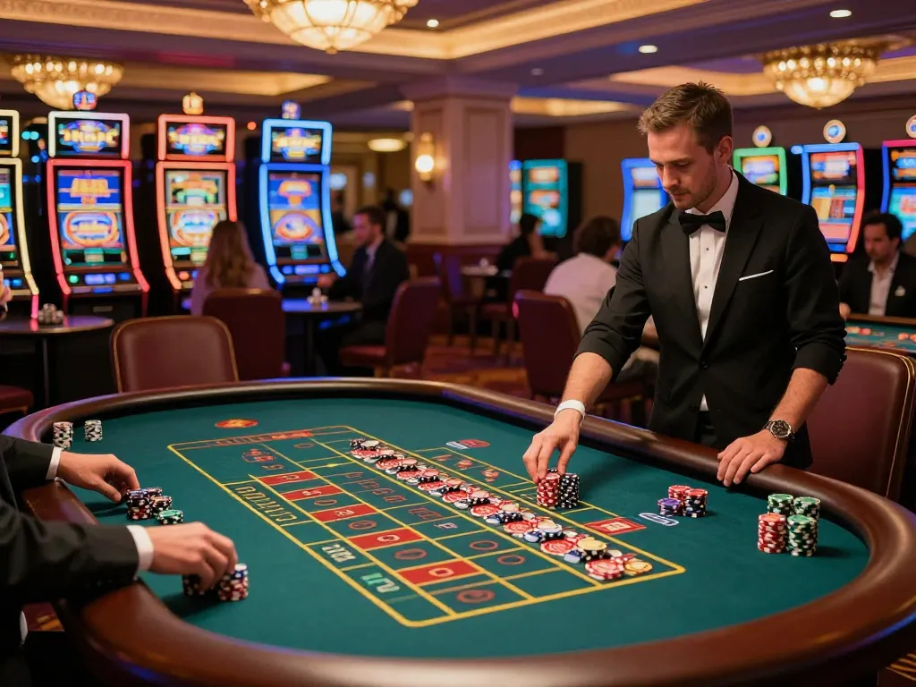 Bangsawan88 players engaging in a thrilling roulette game on a vibrant casino floor.