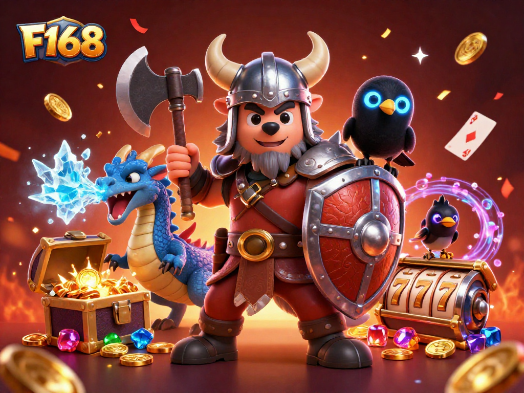 Reveal massive wins at F168 with an epic Viking warrior and fiery dragon in this immersive casino scene.