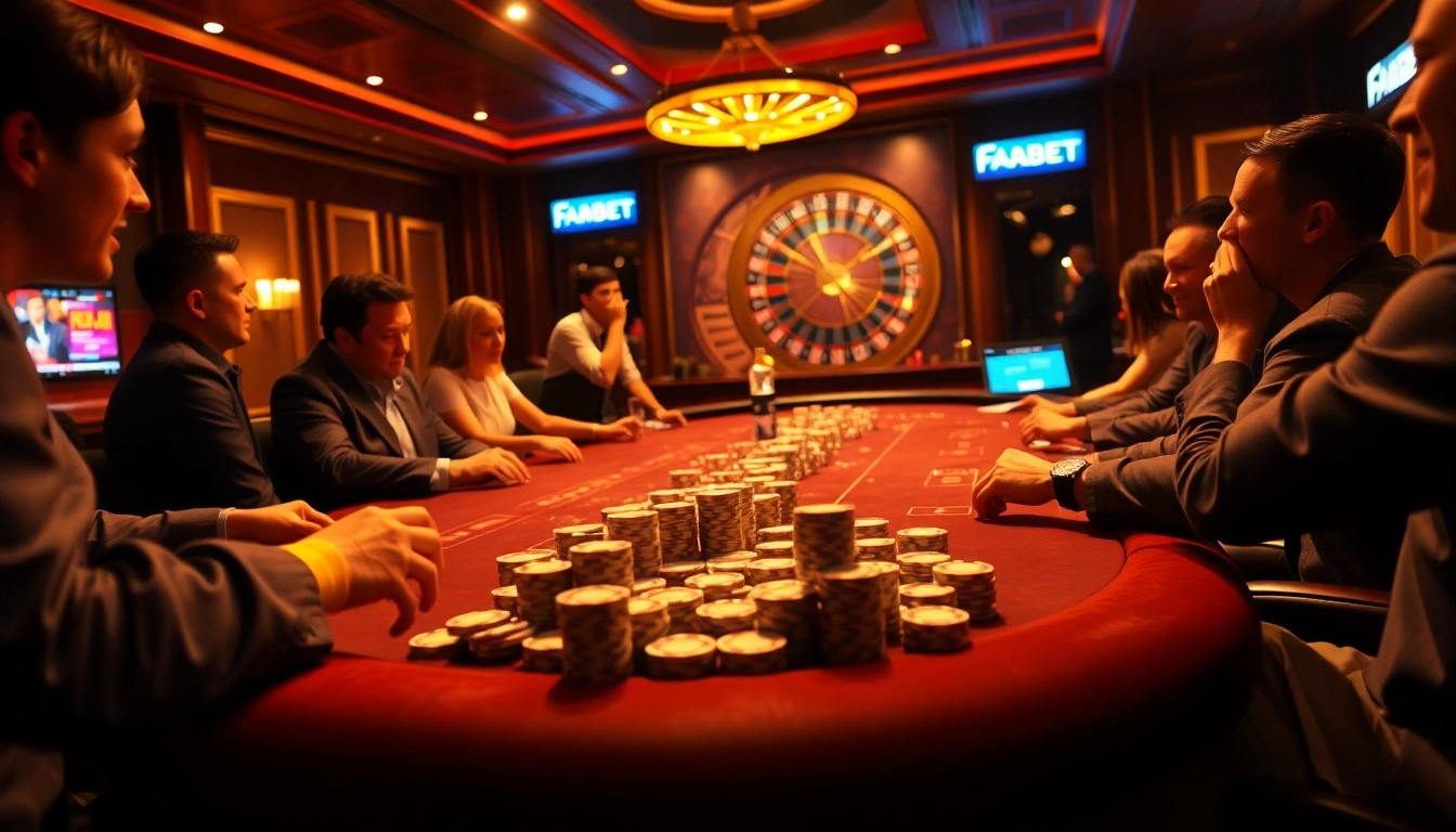 Experience thrilling poker action at FABET's professional gaming table surrounded by eager players.