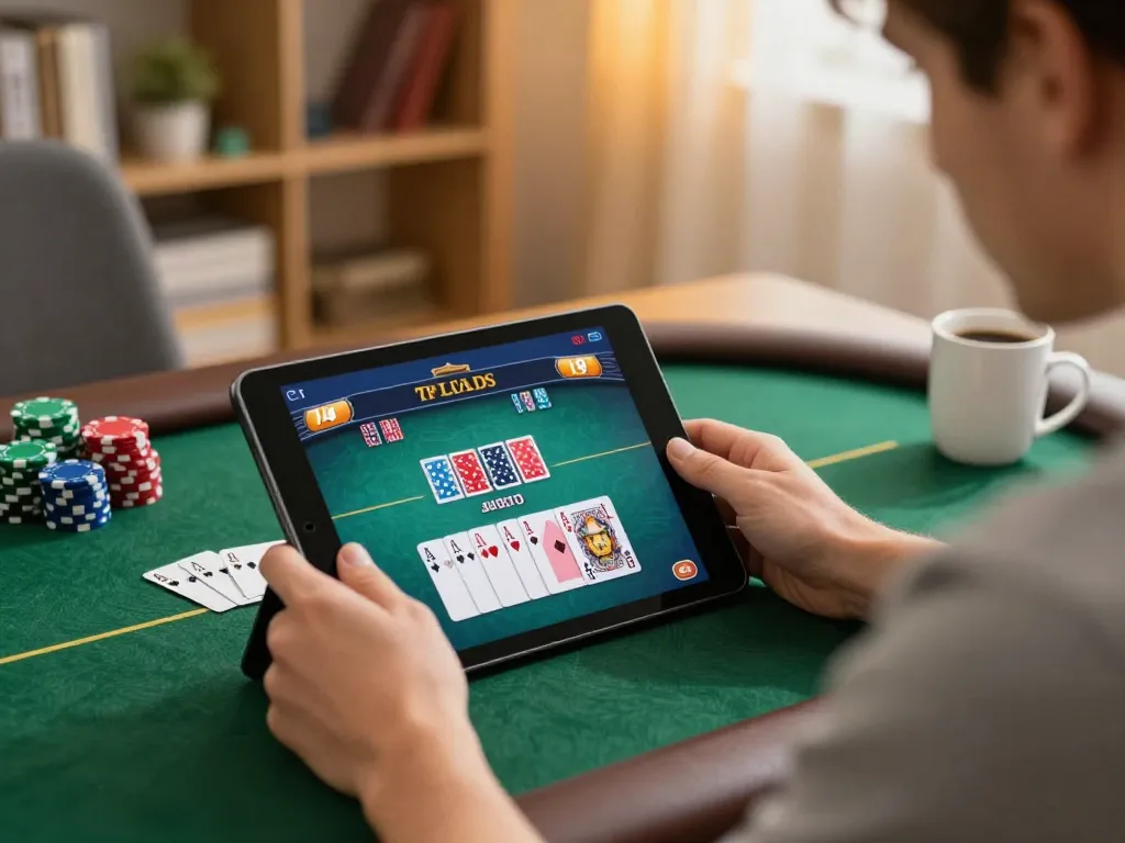 nk88 player enjoying online poker on tablet in a cozy home setting with warm lighting.