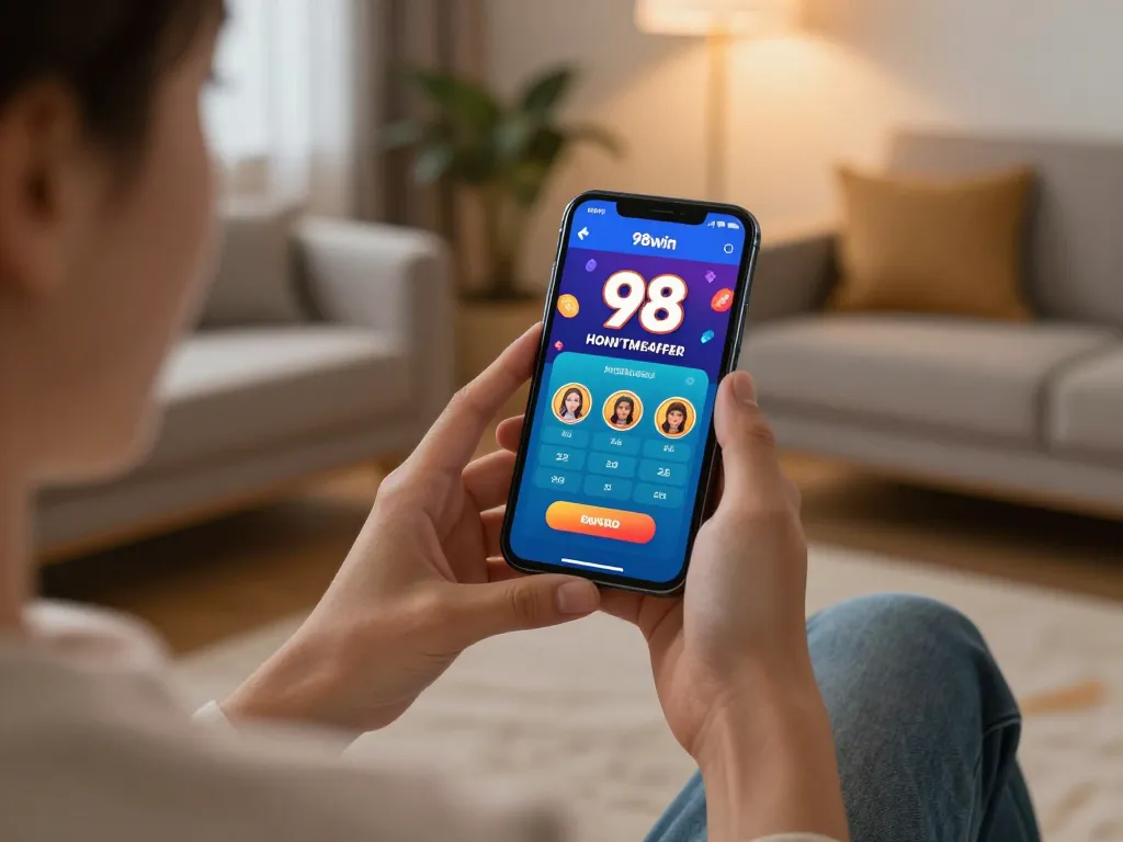 Engaging with the app 98win during mobile gameplay on a cozy sofa, showcasing exciting casino action.