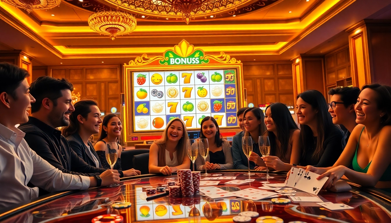 Experience thrilling slot bonuses with players celebrating big wins at a luxurious casino.
