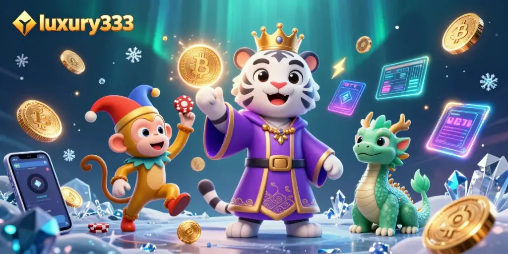 Permainan poker yang menarik di luxury333 dengan harimau kartun yang elegan, monyet emas, dan naga jades.