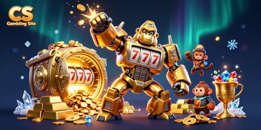 Engage with the thrilling CS Gambling Site featuring a golden gorilla mech and explosive visual elements.