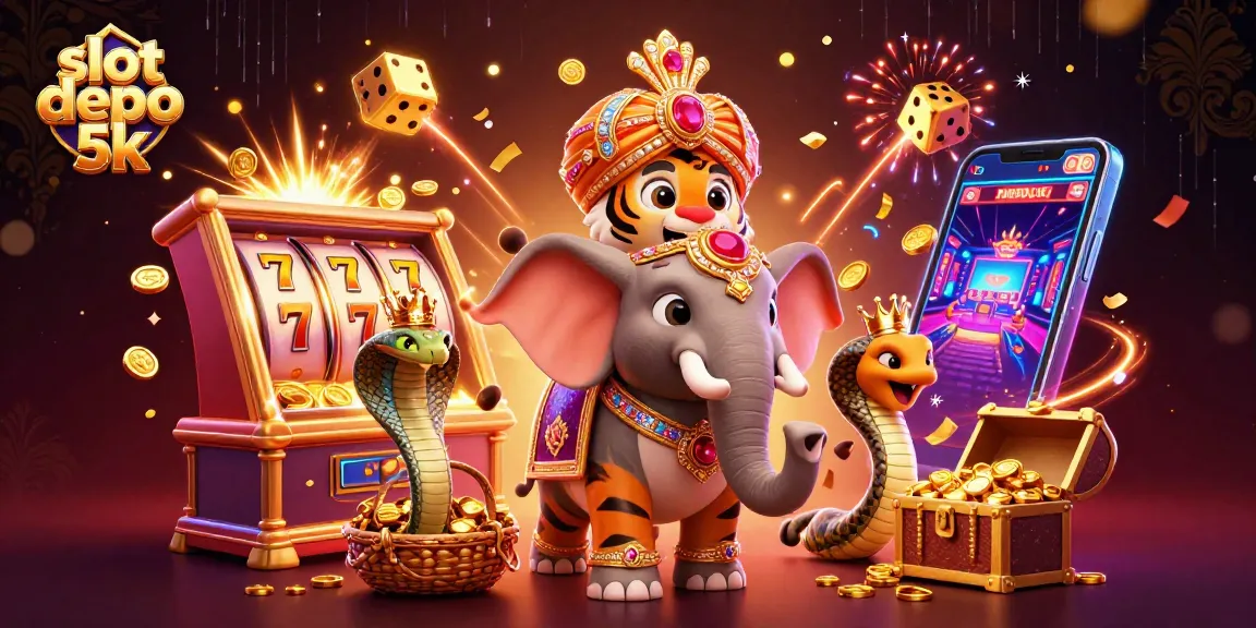 Engaging illustration featuring slot depo 5k characters with jackpot elements bursting around them.