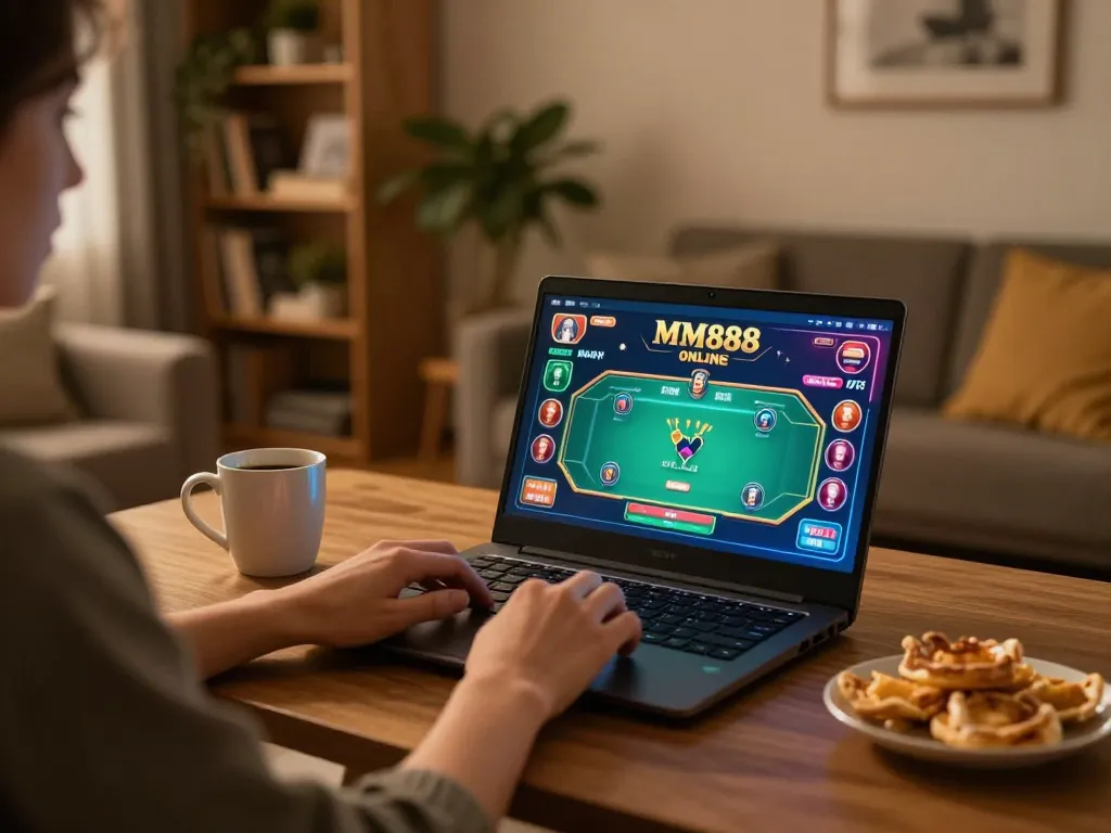 Person enjoying casino MM88 online gaming session at home with vibrant screens and cozy decor.